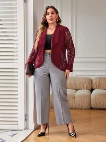SHEIN LUNE Plus Contrast Lace Shawl Collar Open Front Blazer - Burgundy - View 3