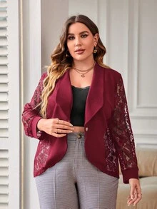 SHEIN LUNE Plus Contrast Lace Shawl Collar Open Front Blazer - Burgundy - View 5
