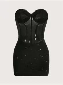 SHEIN ICON Plus Contrast Mesh Bustier Tube Bodycon Dress Corset Dress - Black - View 1