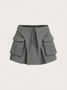 SHEIN ICON Váy Plus Size Xếp li Túi Dây kéo màu trơn Giải trí - Màu xám đen - Xem 1