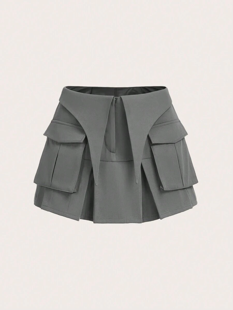 SHEIN ICON Váy Plus Size Xếp li Túi Dây kéo màu trơn Giải trí - Màu xám đen - Xem 1