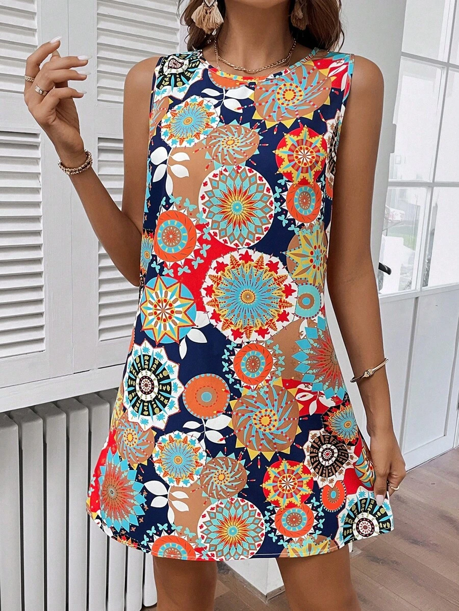 SHEIN LUNE Hình học Giải trí Vòng cổ Cơ bản Của phụ nữ Váy chữ A Với Váy rộng Hoa Chi tiết - Màu xanh hải quân - Xem 1