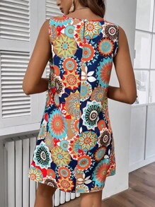 SHEIN LUNE Hình học Giải trí Vòng cổ Cơ bản Của phụ nữ Váy chữ A Với Váy rộng Hoa Chi tiết - Màu xanh hải quân - Xem 2