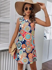 SHEIN LUNE Hình học Giải trí Vòng cổ Cơ bản Của phụ nữ Váy chữ A Với Váy rộng Hoa Chi tiết - Màu xanh hải quân - Xem 3