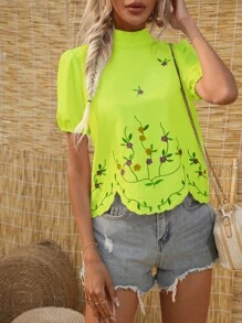 SHEIN LUNE 花卉刺繡貝殼邊小高領泡泡袖襯衫 - 黃色 - 查看 3
