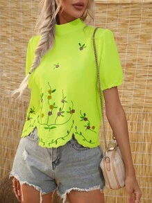 SHEIN LUNE 花卉刺繡貝殼邊小高領泡泡袖襯衫 - 黃色 - 查看 4