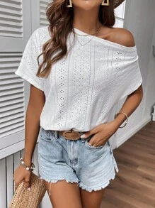 SHEIN LUNE 網眼刺繡蝙蝠袖T恤 - 白色 - 查看 3