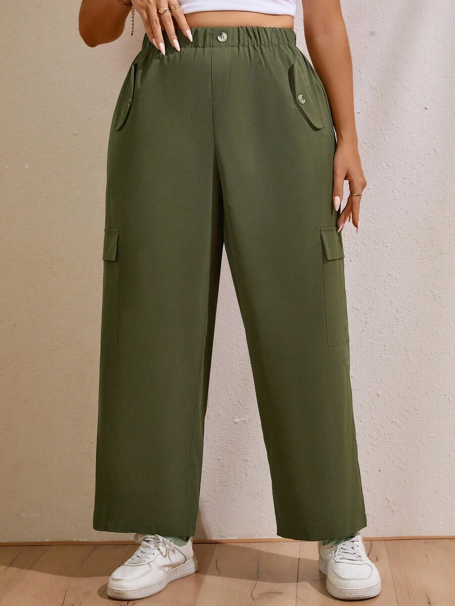 Flirla Plus Flap Pocket Side Cargo Trousers - Army Green - View 1