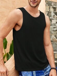 GENTILAND 男士素色條紋針織背心上衣 - 黑色 - 查看 1