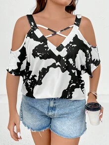 SHEIN LUNE Áo thun Plus size Hội Chữ thập Tất cả trên in Giải trí - Đen và trắng - Xem 4