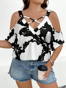 SHEIN LUNE Áo thun Plus size Hội Chữ thập Tất cả trên in Giải trí - Đen và trắng - Xem 5