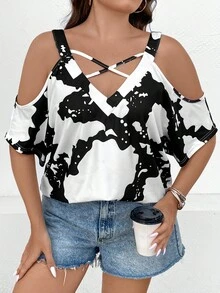 SHEIN LUNE Áo thun Plus size Hội Chữ thập Tất cả trên in Giải trí - Đen và trắng - Xem 6