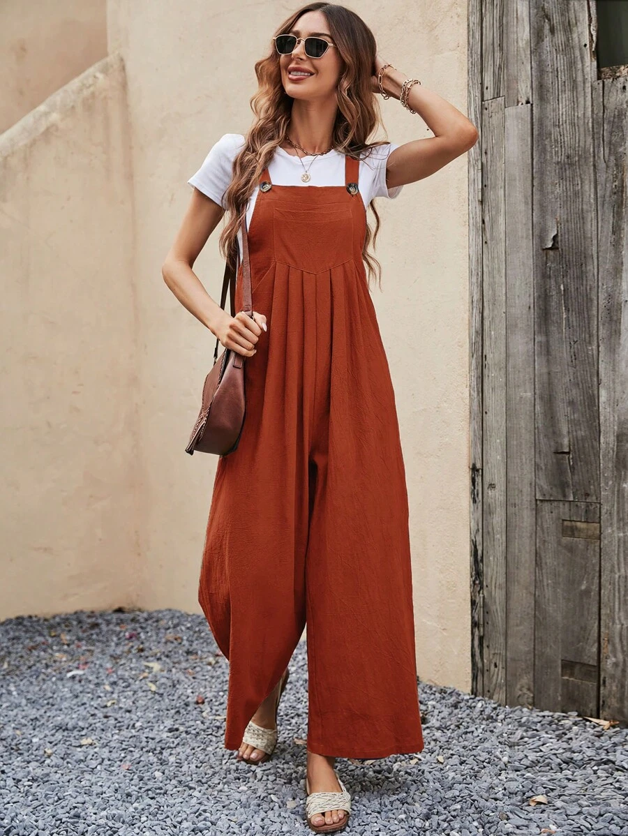 SHEIN VCAY Áo liền quần nữ Xếp li Túi màu trơn Giải trí - màu nâu - Xem 1