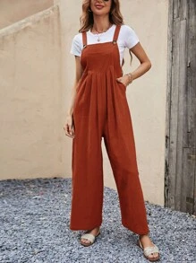 SHEIN VCAY Áo liền quần nữ Xếp li Túi màu trơn Giải trí - màu nâu - Xem 3