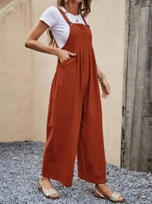 SHEIN VCAY Áo liền quần nữ Xếp li Túi màu trơn Giải trí - màu nâu - Xem 4