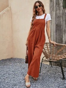 SHEIN VCAY Áo liền quần nữ Xếp li Túi màu trơn Giải trí - màu nâu - Xem 6