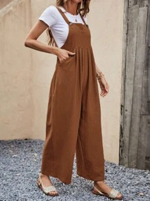 SHEIN VCAY Áo liền quần nữ Túi màu trơn Giải trí - màu nâu - Xem 3