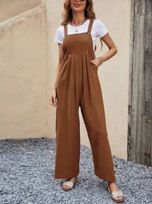 SHEIN VCAY Áo liền quần nữ Túi màu trơn Giải trí - màu nâu - Xem 4