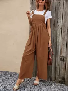 SHEIN VCAY Áo liền quần nữ Túi màu trơn Giải trí - màu nâu - Xem 5