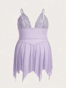 ROMWE Kawaii 大碼蕾絲拼接不對稱下擺網紗吊帶睡裙附丁字褲 - 紫丁香色 - 查看 2