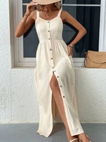 SHEIN LUNE 素色前紐扣吊帶連衣裙 - 杏色 - 查看 3