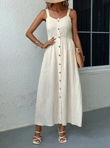 SHEIN LUNE 素色前紐扣吊帶連衣裙 - 杏色 - 查看 4