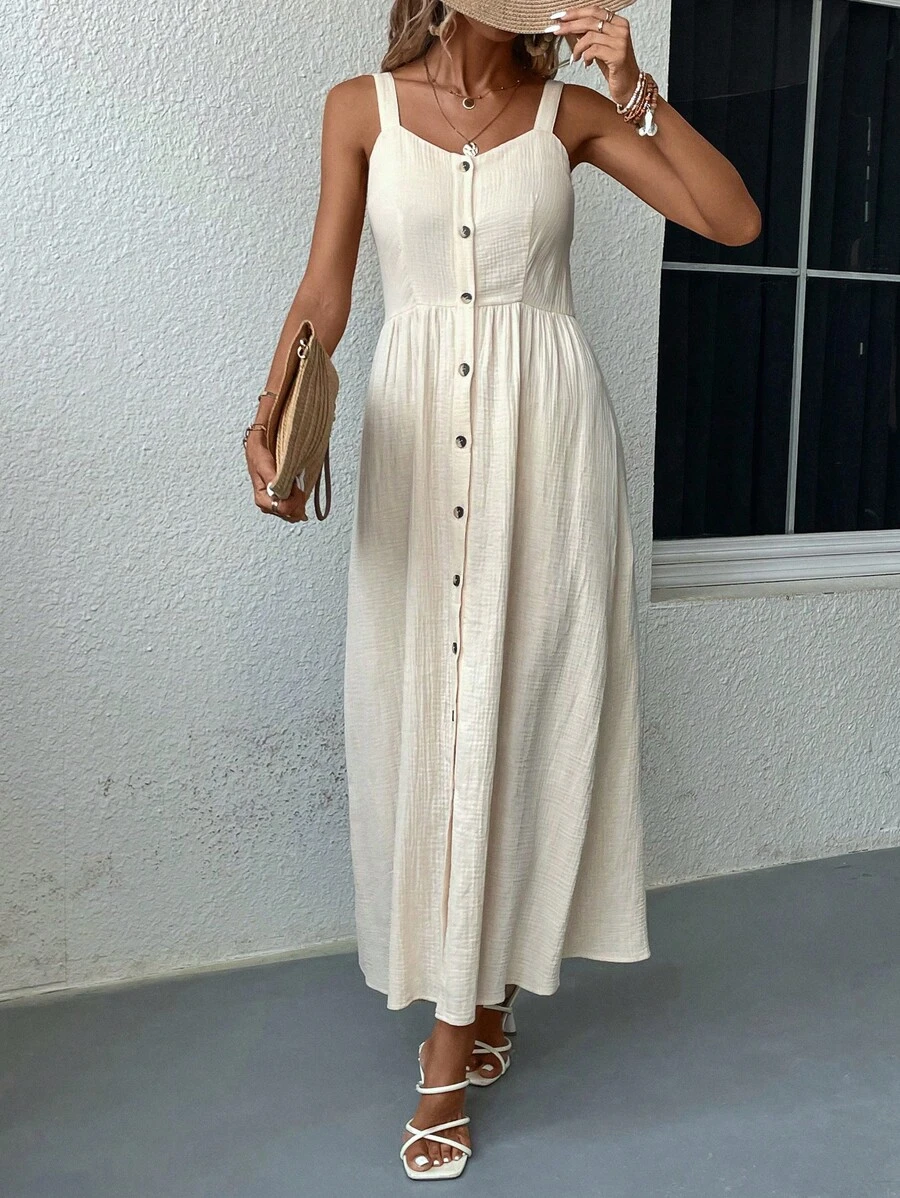 SHEIN LUNE 素色前紐扣吊帶連衣裙 - 杏色 - 查看 1