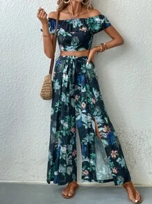 SHEIN LUNE 熱帶圖案一字肩荷葉邊短款上衣和高衩腰帶長褲 - 彩色 - 查看 1