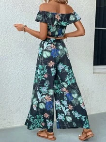 SHEIN LUNE 熱帶圖案一字肩荷葉邊短款上衣和高衩腰帶長褲 - 彩色 - 查看 2