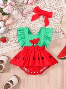 SHEIN Playful Pals Infant Baby Girls' Cute Cartoon Watermelon Pattern One-Piece Bodysuit With Headband - Multicolor - View 8