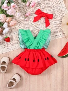 SHEIN Playful Pals Infant Baby Girls' Cute Cartoon Watermelon Pattern One-Piece Bodysuit With Headband - Multicolor - View 9