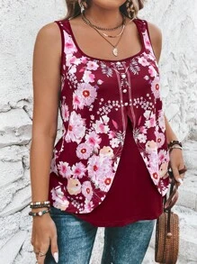 SHEIN LUNE Áo hai dây Plus Size Nút phía trước Hoa Boho - Màu Đỏ Sâu - Xem 1