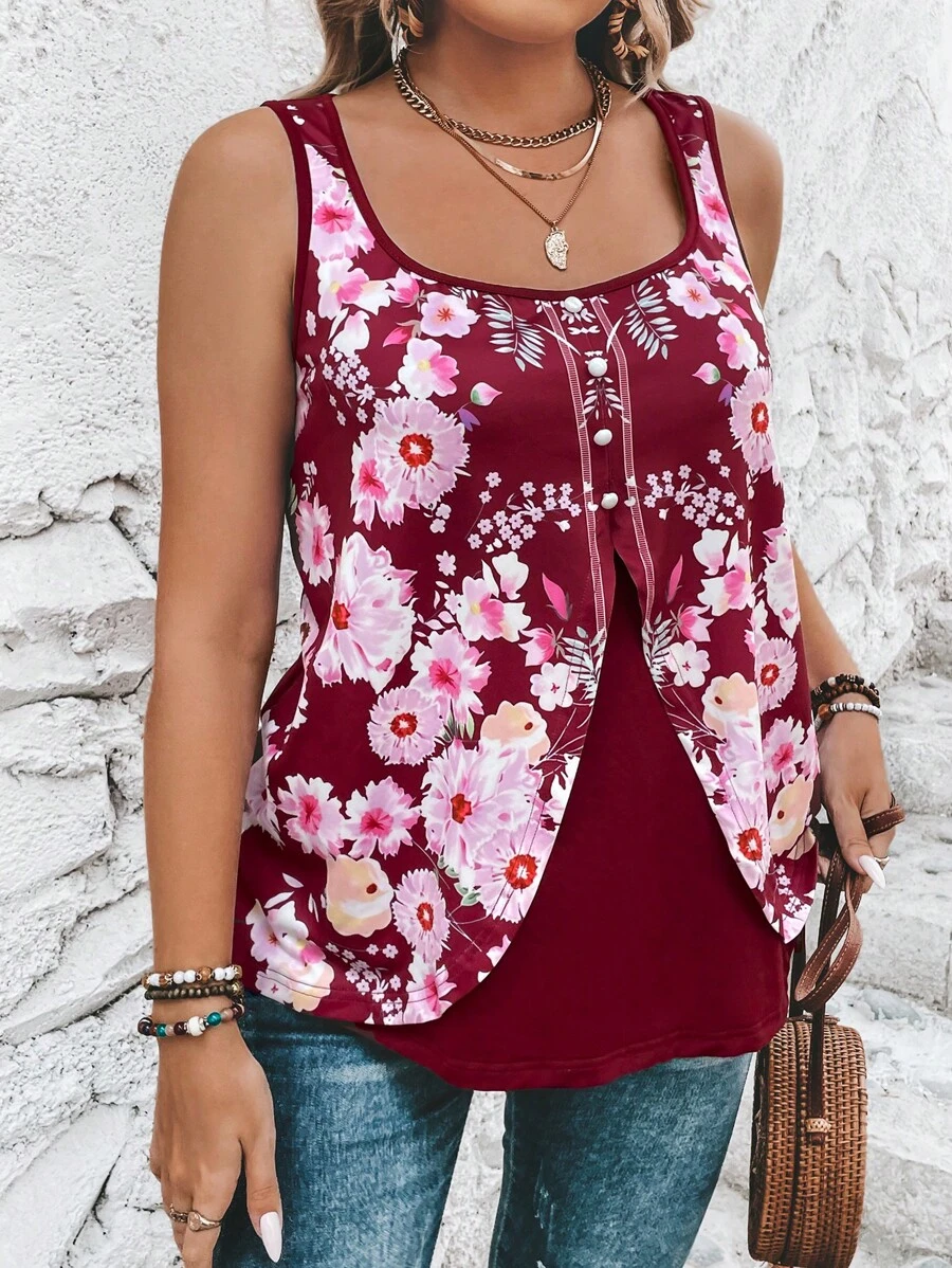 SHEIN LUNE Áo hai dây Plus Size Nút phía trước Hoa Boho - Màu Đỏ Sâu - Xem 1