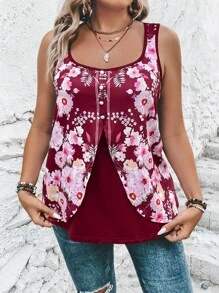 SHEIN LUNE Áo hai dây Plus Size Nút phía trước Hoa Boho - Màu Đỏ Sâu - Xem 3