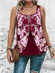 SHEIN LUNE Áo hai dây Plus Size Nút phía trước Hoa Boho - Màu Đỏ Sâu - Xem 4