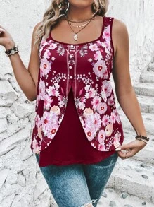 SHEIN LUNE Áo hai dây Plus Size Nút phía trước Hoa Boho - Màu Đỏ Sâu - Xem 5