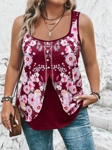 SHEIN LUNE Áo hai dây Plus Size Nút phía trước Hoa Boho - Màu Đỏ Sâu - Xem 6