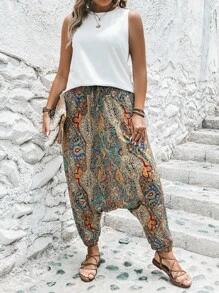 SHEIN LUNE 大碼素色背心上衣和佩斯利印花吊襠褲 - 彩色 - 查看 5