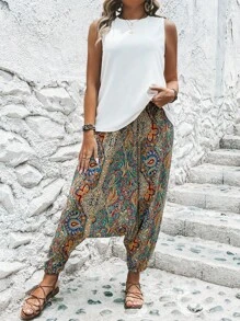 SHEIN LUNE 大碼素色背心上衣和佩斯利印花吊襠褲 - 彩色 - 查看 6