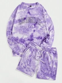 Manfinity RebelGame 男士紮染字母圖案套頭衫和腰部抽繩短褲 - 紫羅蘭色 - 查看 1