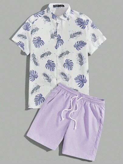 GENTILAND للرجال بطباعة استوائية قميص & رباط خصر بنطلون قصير