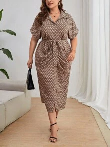 SHEIN Privé Plus Allover Geo Print Belted Shirt Dress - Multicolor - View 1