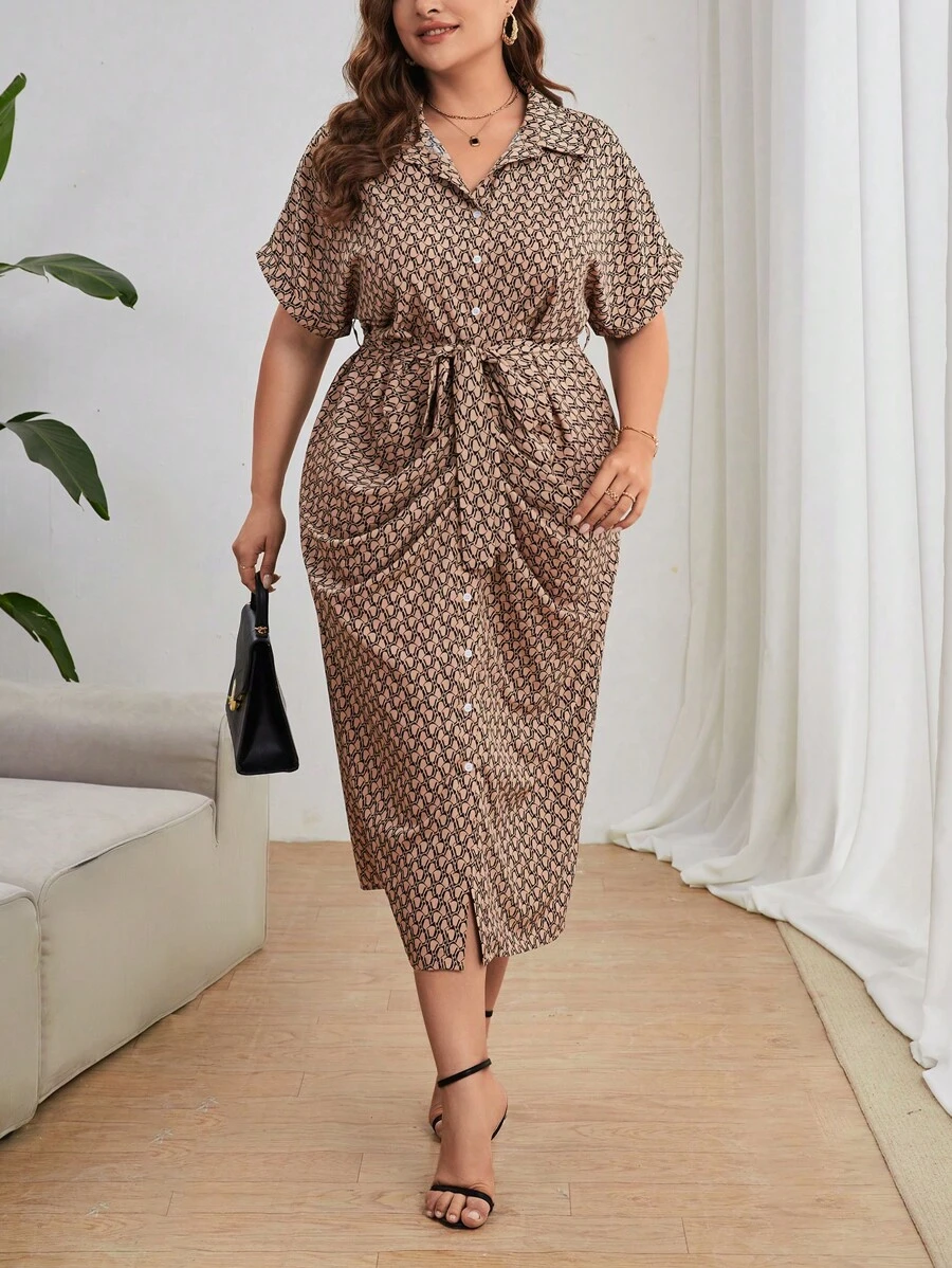 SHEIN Privé Plus Allover Geo Print Belted Shirt Dress - Multicolor - View 1