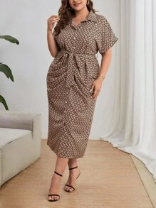 SHEIN Privé Plus Allover Geo Print Belted Shirt Dress - Multicolor - View 4