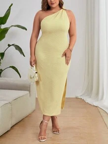 SHEIN Privé 大碼單肩高衩洋裝 - 黃色 - 查看 1