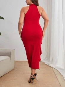 SHEIN Privé 大碼荷葉邊繞頸緊身連衣裙 - 紅色 - 查看 2