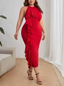 SHEIN Privé 大碼荷葉邊繞頸緊身連衣裙 - 紅色 - 查看 4