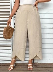 SHEIN LUNE 大碼紐扣細節不對稱下擺闊腿褲 - 杏色 - 查看 1