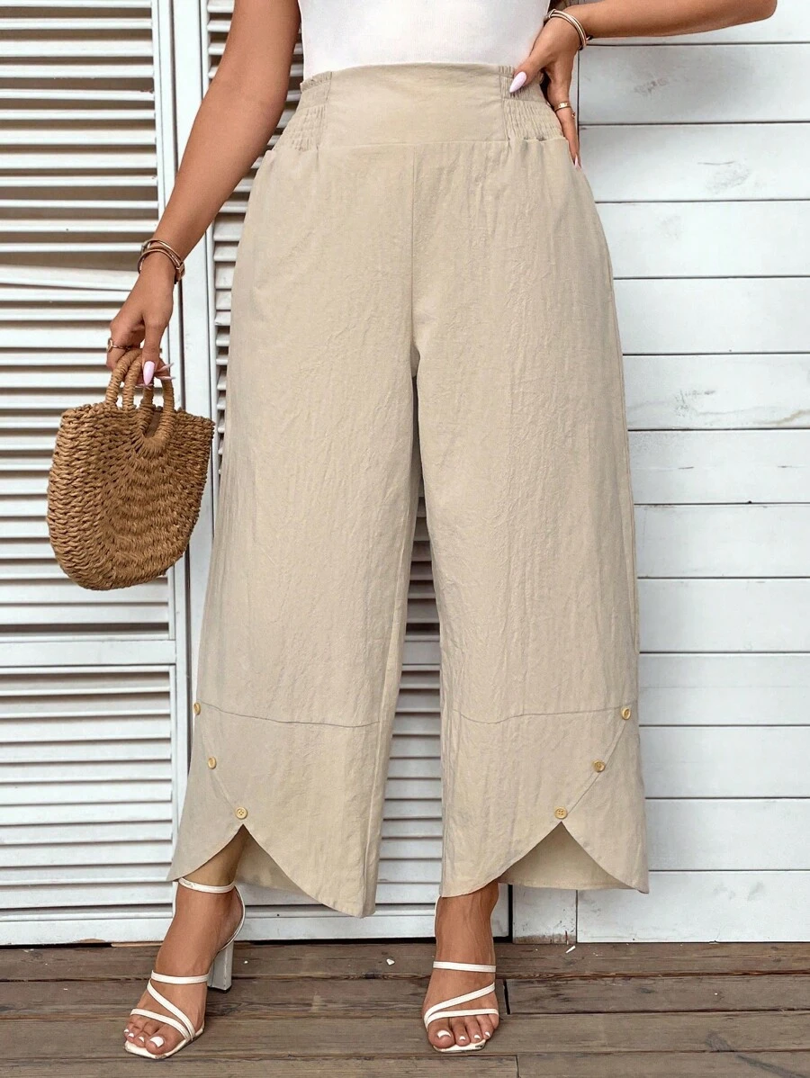 SHEIN LUNE 大碼紐扣細節不對稱下擺闊腿褲 - 杏色 - 查看 1