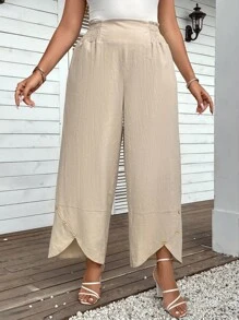 SHEIN LUNE 大碼紐扣細節不對稱下擺闊腿褲 - 杏色 - 查看 3